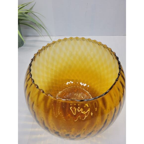 Vintage Empoli Italian Amber Bowl Art Glass Vase Diamond Optic - Picture 3 of 4